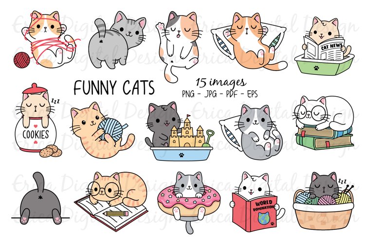 Cute cartoon cats collection featuring funny poses like reading, sleeping, and playing with yarn.