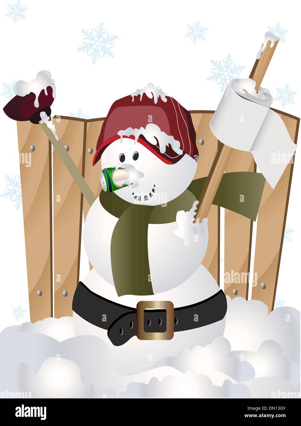 Funny Snowman with Plunger and Toilet Paper on Sled - Winter Humor