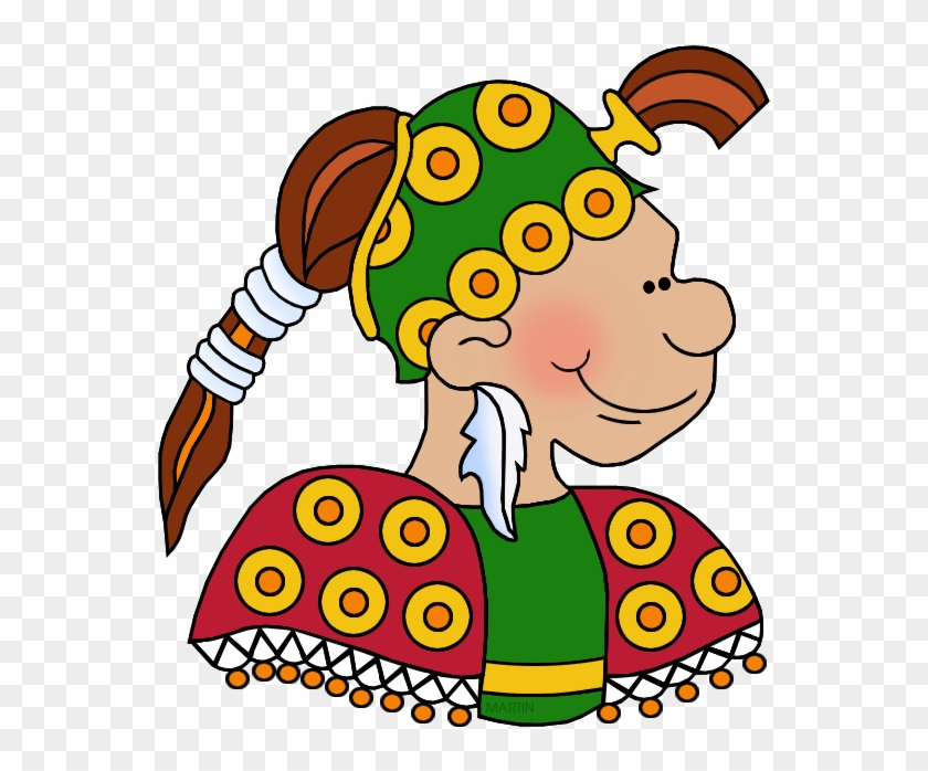 Cartoon illustration of a smiling Gaulish warrior wearing a green winged helmet and red armor.