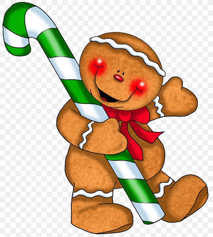 A cartoon gingerbread man holding a large green and white striped candy cane.