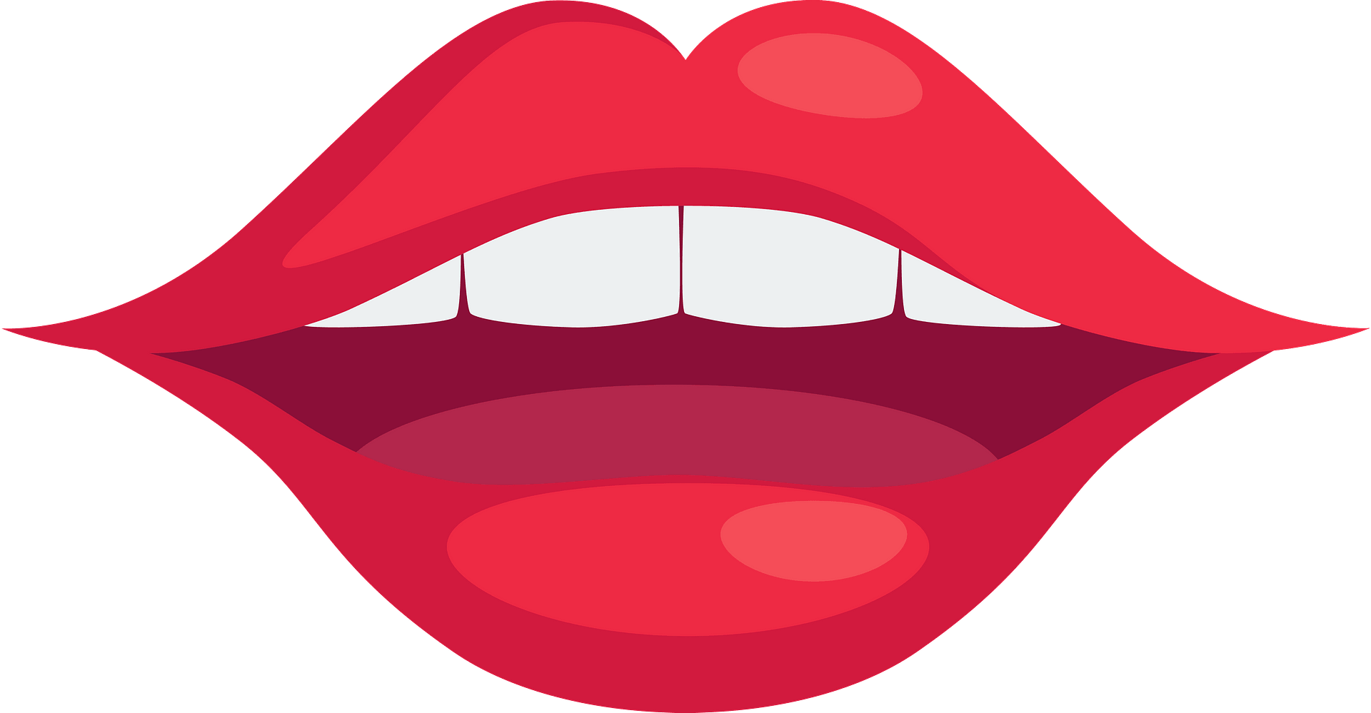 Stylized red lips slightly parted to reveal white teeth and a glossy finish.
