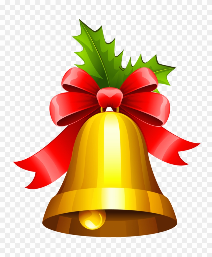 Golden Christmas Bell with Red Bow and Holly Illustration