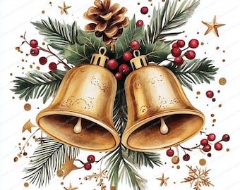 Festive Golden Christmas Bells with Pine and Berries Illustration