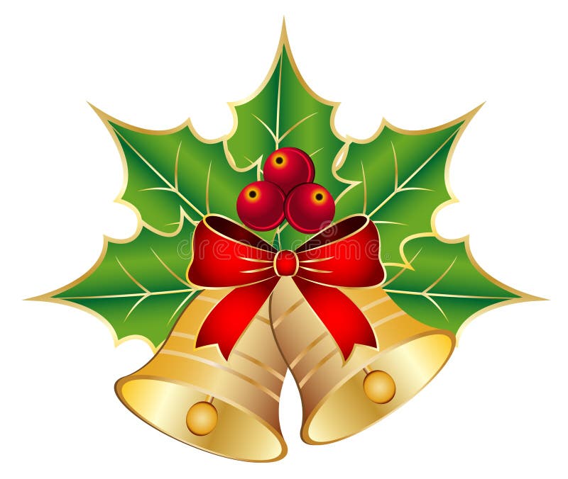 Golden Christmas Bells with Holly and Red Bow Illustration