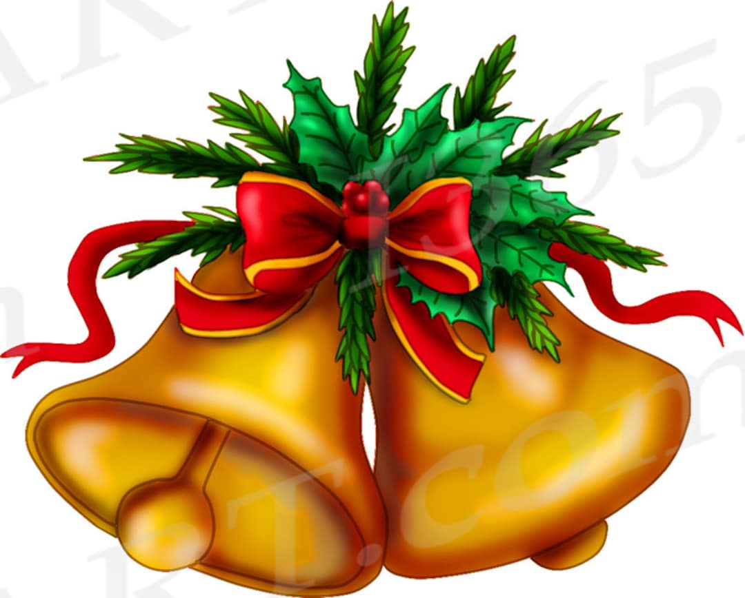 Golden Christmas Bells with Red Bow and Holly