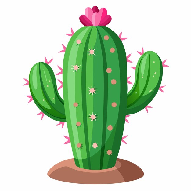 Green cartoon cactus with pink spines and a blooming pink flower on top.