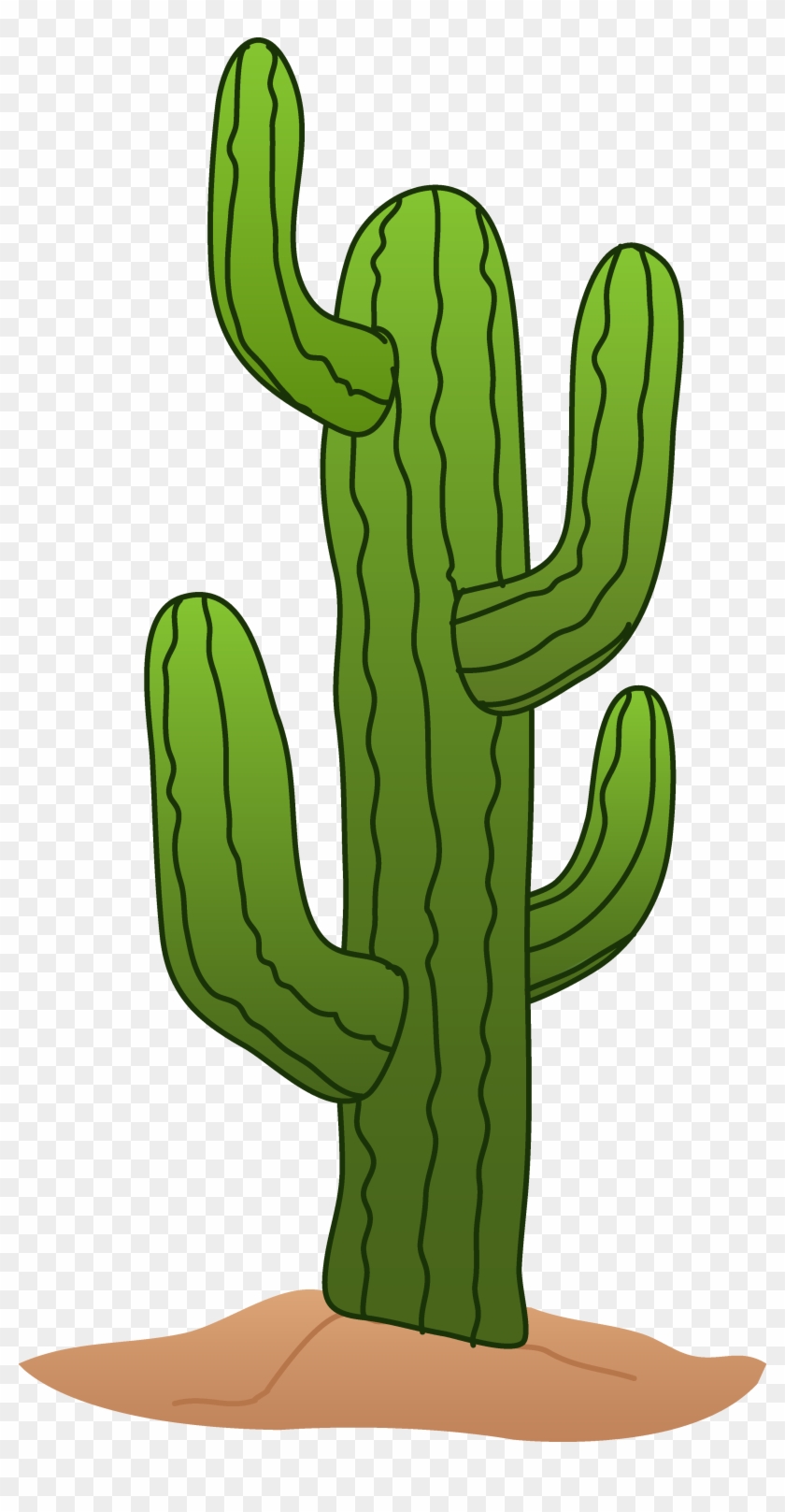 Green cartoon saguaro cactus with four arms standing on a patch of brown sand.