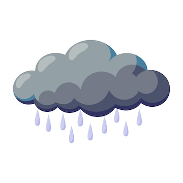 Cartoon illustration of a dark grey rain cloud with falling blue raindrops.
