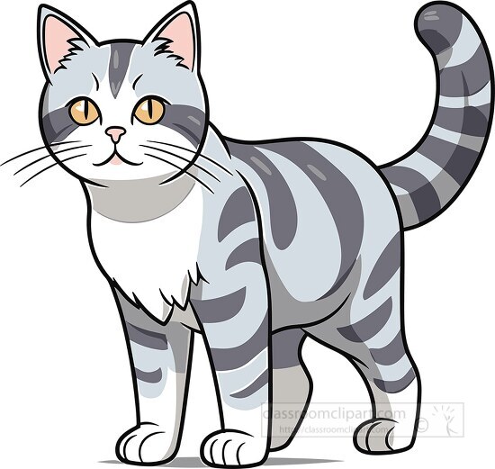 Cartoon illustration of a grey and white tabby cat standing with its tail raised.