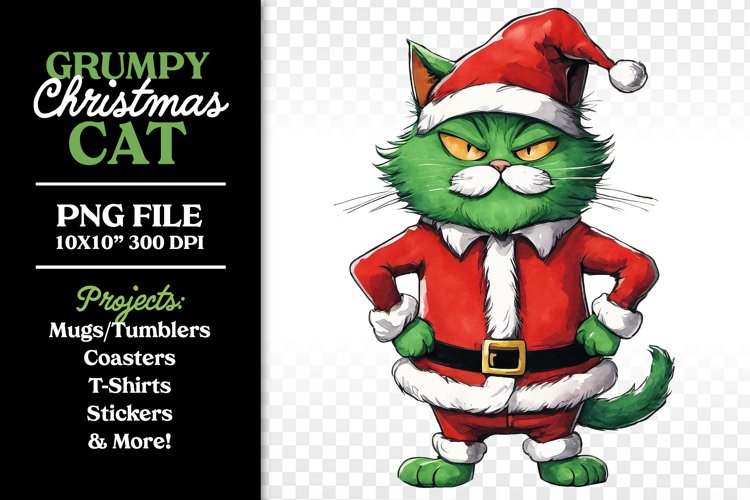 Grumpy Christmas Cat PNG - Santa Suit Sublimation Design