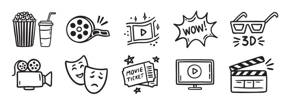 Hand-drawn cinema icons set featuring popcorn, film reel, 3D glasses, movie tickets, and clapperboard.