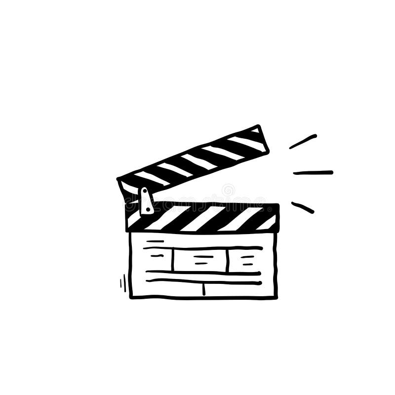 Hand drawn sketch of a movie clapperboard with open clapper and sound lines.
