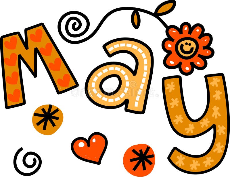 Hand-drawn word May in orange and yellow with hearts, a smiling flower, and playful doodles.