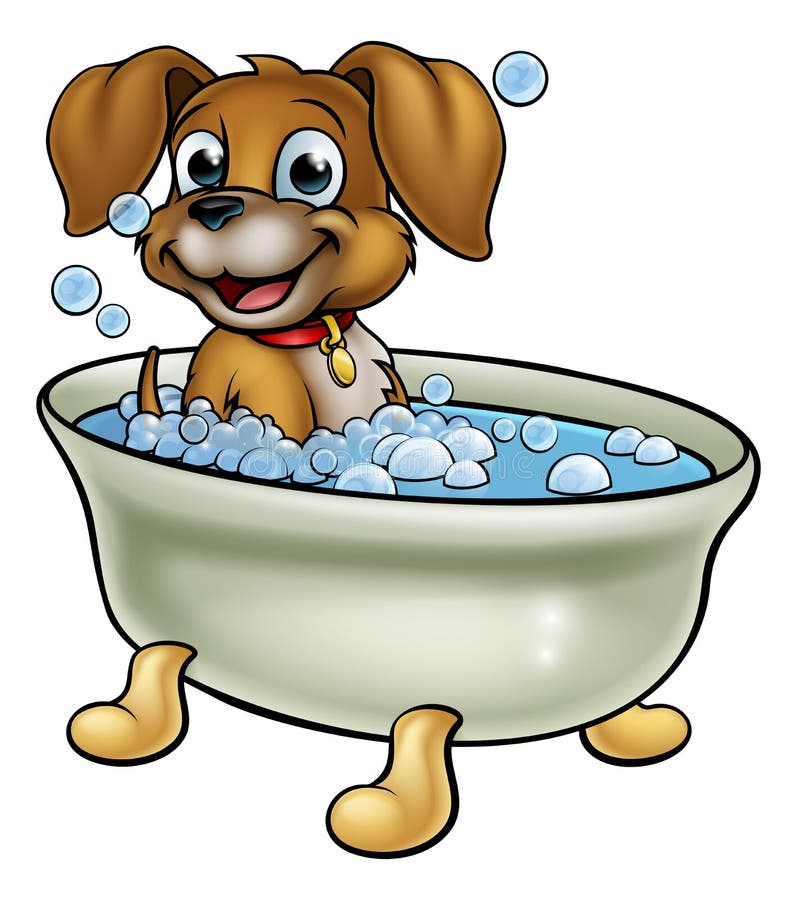 Happy Cartoon Dog Taking a Bubble Bath Illustration