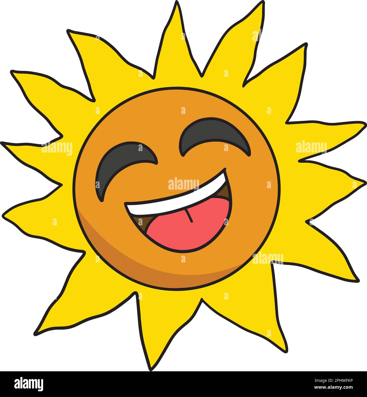 Happy cartoon sun with big smiling laughing face and bright yellow rays