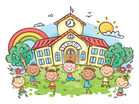 Happy Children Playing in Front of School Building Illustration