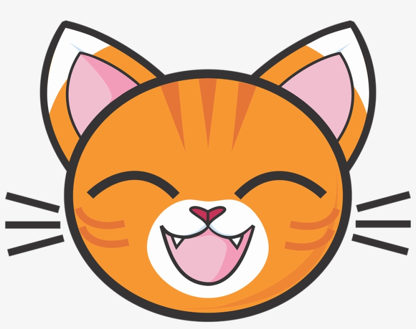 Cartoon orange tabby cat face smiling happily with closed eyes.
