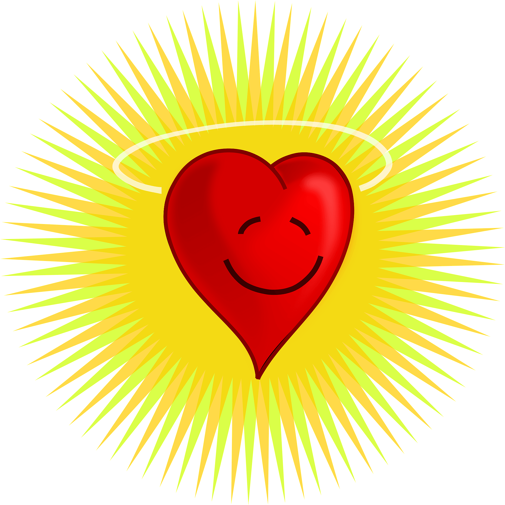 Happy red heart with an angel halo radiating yellow and green light.