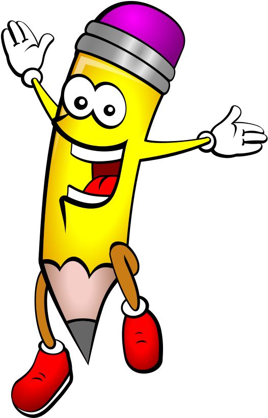 Cartoon yellow pencil character jumping and waving happily with red shoes.