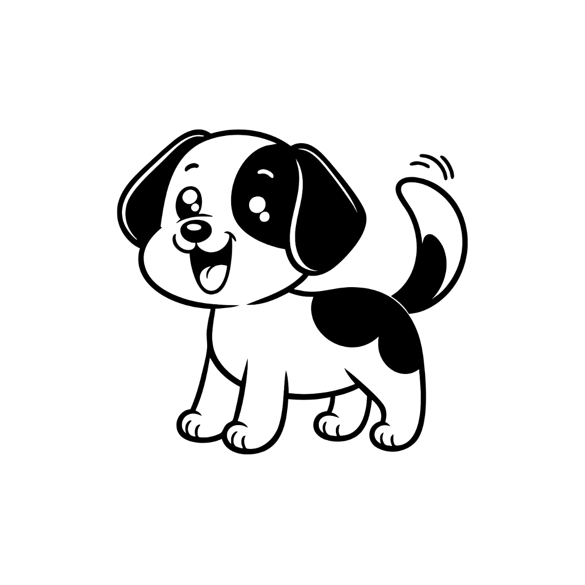 Cute black and white cartoon puppy with floppy ears wagging its tail happily.