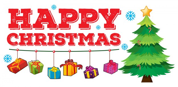 Happy Christmas Greeting with Hanging Gifts and Tree Vector