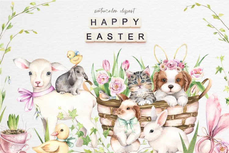 Happy Easter Watercolor Clipart with Cute Animals in a Basket