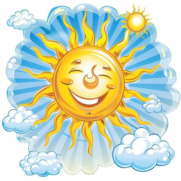 A cheerful cartoon sun with a laughing face surrounded by blue rays and fluffy white clouds.