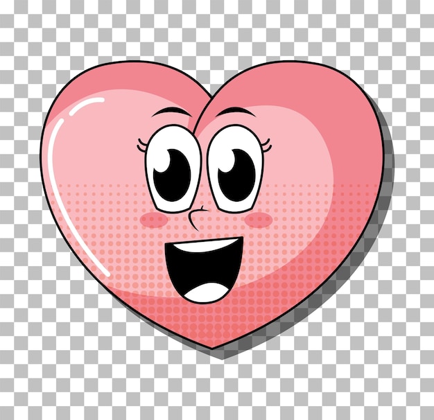 Cute pink cartoon heart with a happy face and big eyes on a transparent background.