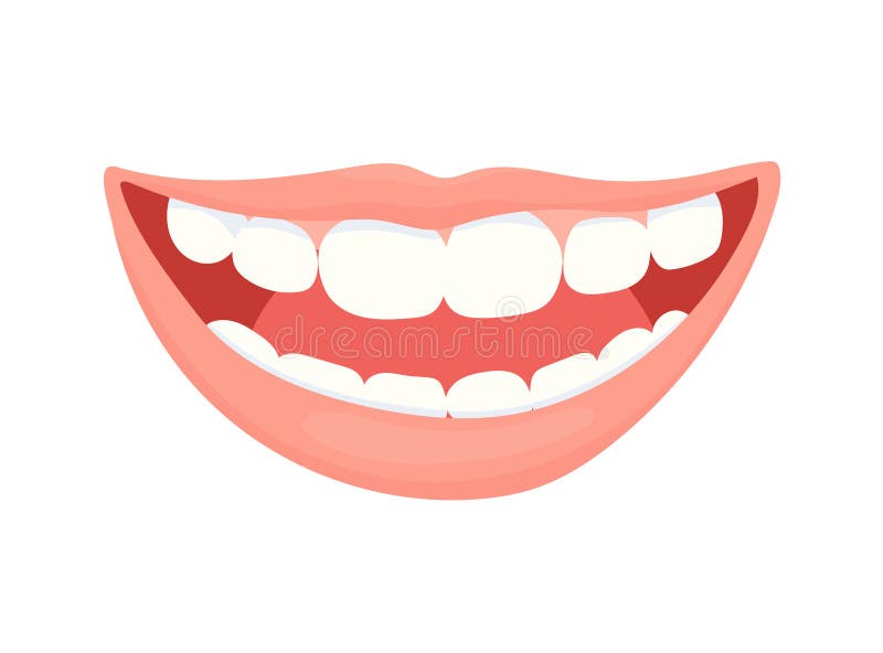 Cartoon illustration of a wide, happy smile showing healthy white teeth and pink lips.