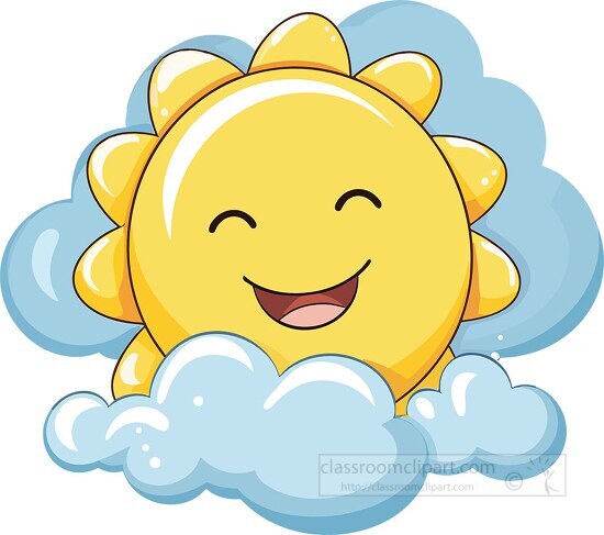 Cartoon smiling sun peeking out from behind blue clouds