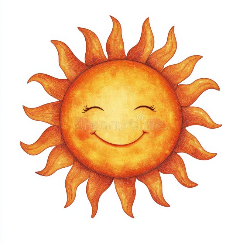 A cheerful smiling sun illustration with closed eyes and wavy orange rays.
