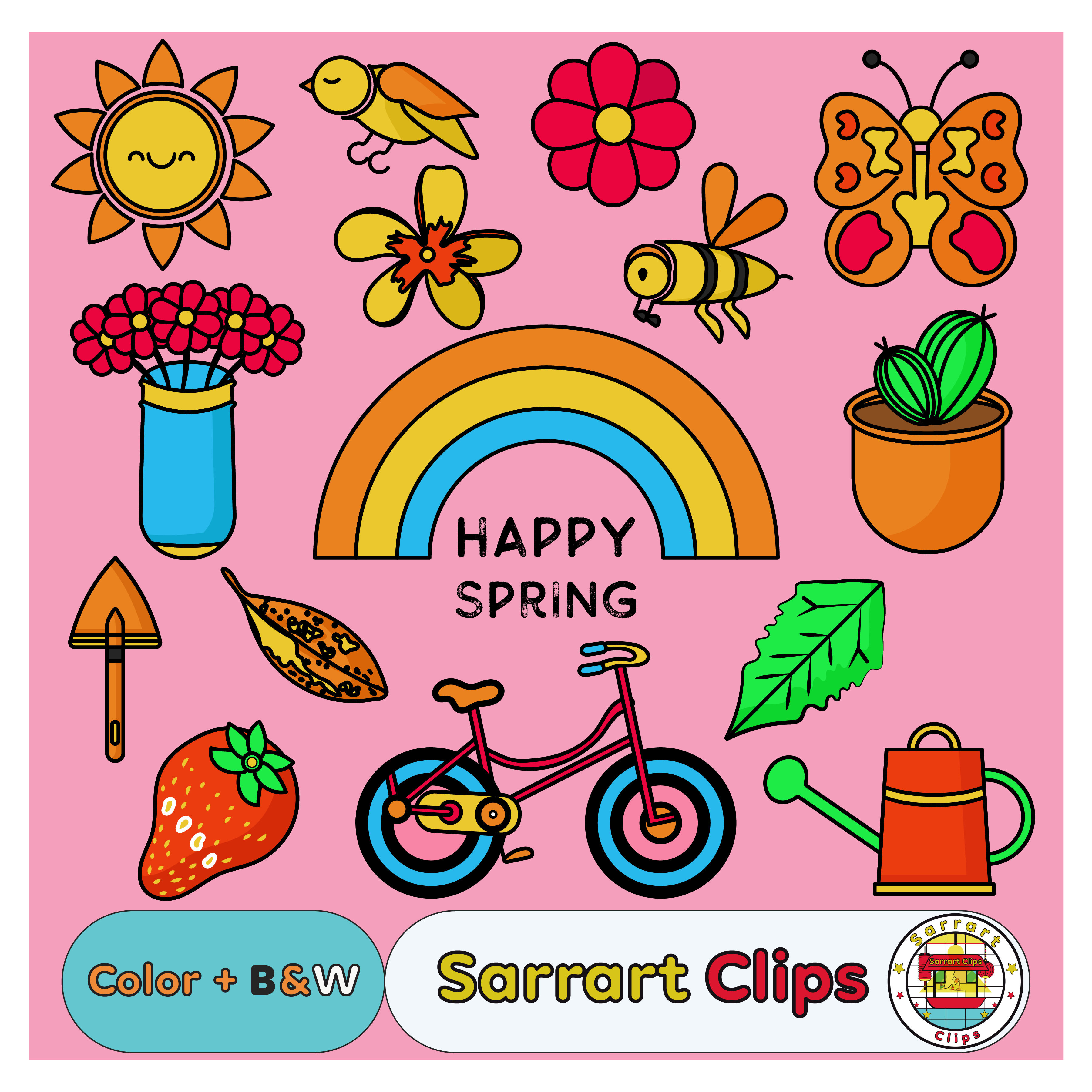 Cute spring clipart set featuring a smiling sun, rainbow, flowers, butterfly, bee, bicycle, and gardening tools on a pink background.