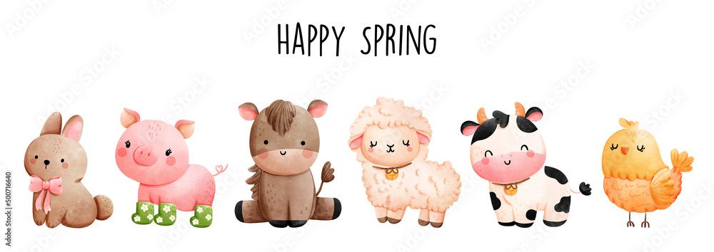 Happy Spring Cute Farm Animals Watercolor Illustration