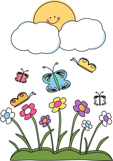 A cartoon illustration of a smiling sun behind clouds with colorful butterflies flying over a field of flowers.