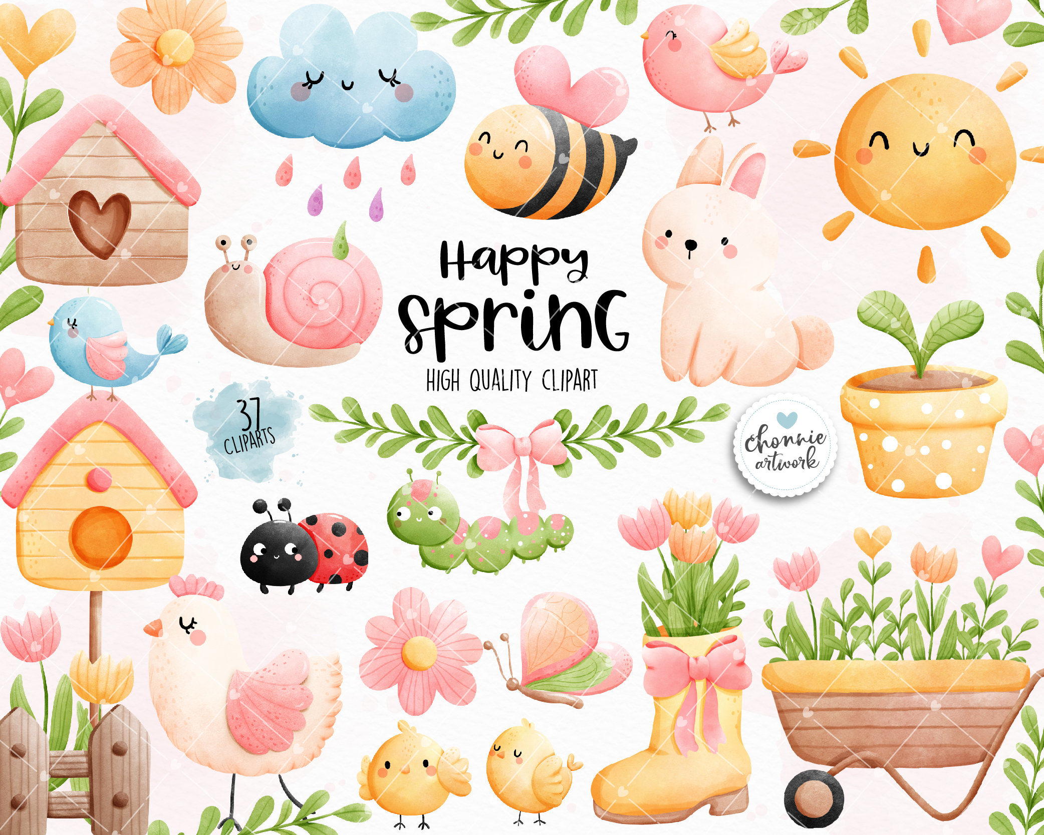 Happy Spring Clipart Bundle | Watercolor Animals and Flowers