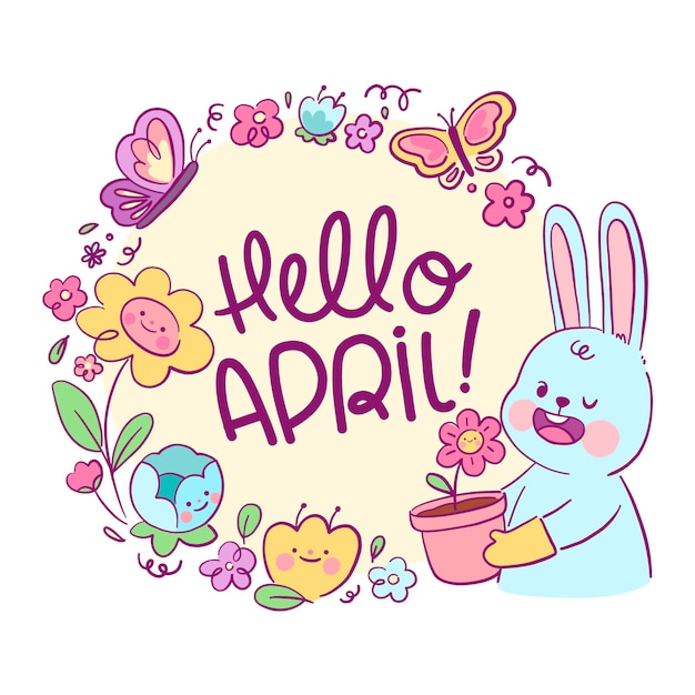 Hello April Greeting Illustration with Bunny and Flowers | Spring Vector Art