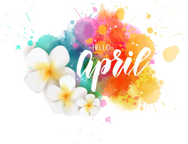 Hello April Greeting Card with Watercolor Splash and Flowers