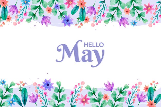 Watercolor floral border framing "Hello May" text on a white background.