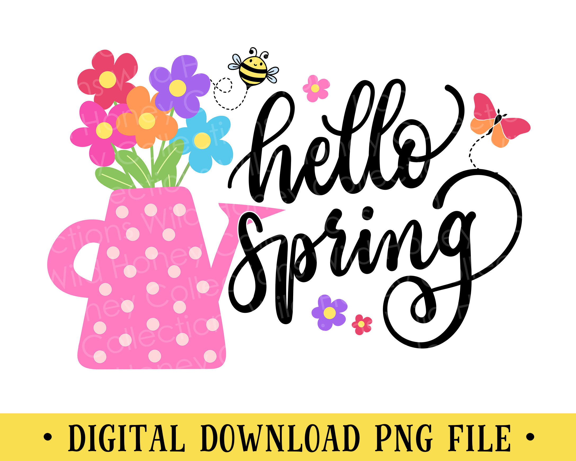 Hello Spring clipart with pink polka dot watering can, flowers, bee, and butterfly.
