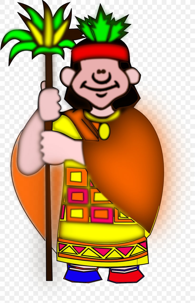 Cartoon illustration of a smiling indigenous man in traditional colorful clothing holding a staff.