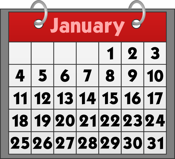 January calendar page with red header and grid of dates 1 to 31