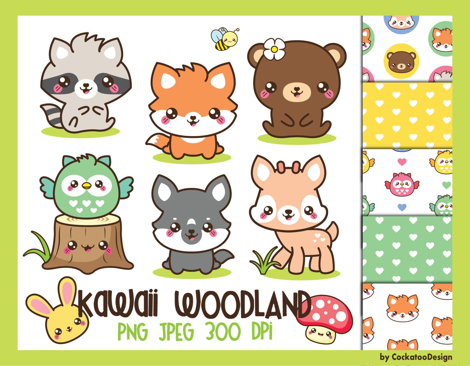 Kawaii woodland animal clipart set featuring cute raccoon, fox, bear, owl, wolf, and deer characters.
