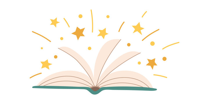 Magical Open Book Illustration with Stars and Sparkles