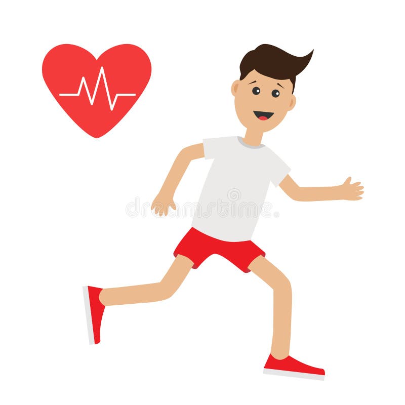 Illustration of a happy man jogging next to a red heart with an EKG line.