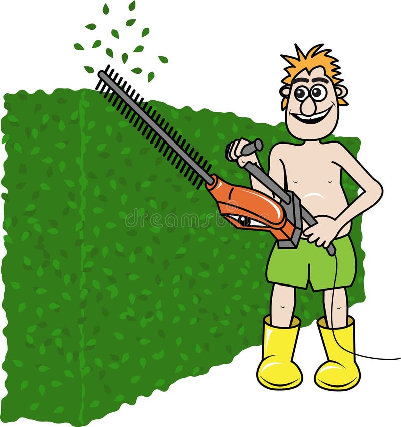 Man Trimming Hedge with Electric Trimmer - Cartoon Illustration
