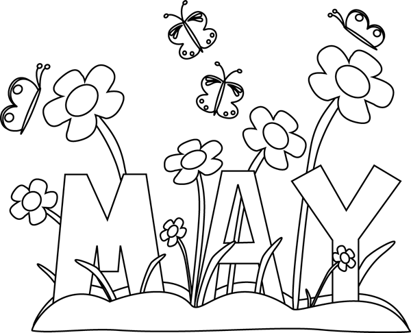 Black and white line art coloring page of the word MAY surrounded by flowers and butterflies.