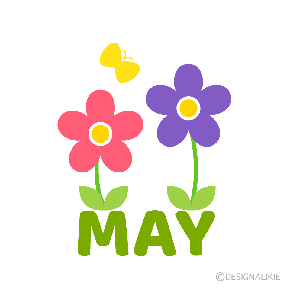 Illustration of pink and purple flowers with a yellow butterfly above the word MAY in green letters.