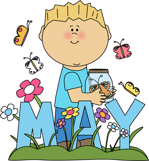 Cute cartoon boy holding a butterfly jar surrounded by flowers and the word MAY