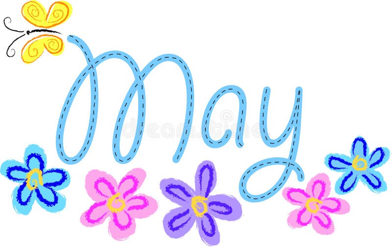 Hand-drawn May text with blue stitching style, yellow butterfly, and colorful flowers.