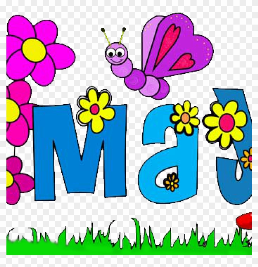 Colorful May text decoration with pink flowers, yellow daisies, purple butterfly, and green grass on transparent background